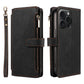 Zipper Leather Wallet Folio Case with Wrist Strap - Black