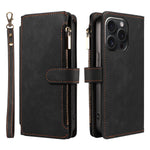 Zipper Leather Wallet Folio Case with Wrist Strap - Black