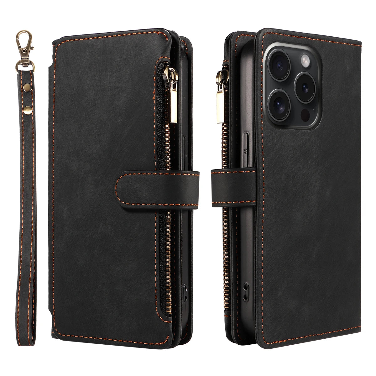 Zipper Leather Wallet Folio Case with Wrist Strap - Black
