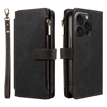 Zipper Leather Wallet Folio Case with Wrist Strap - Black