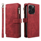 Zipper Leather Wallet Folio Case with Wrist Strap - Wine Red