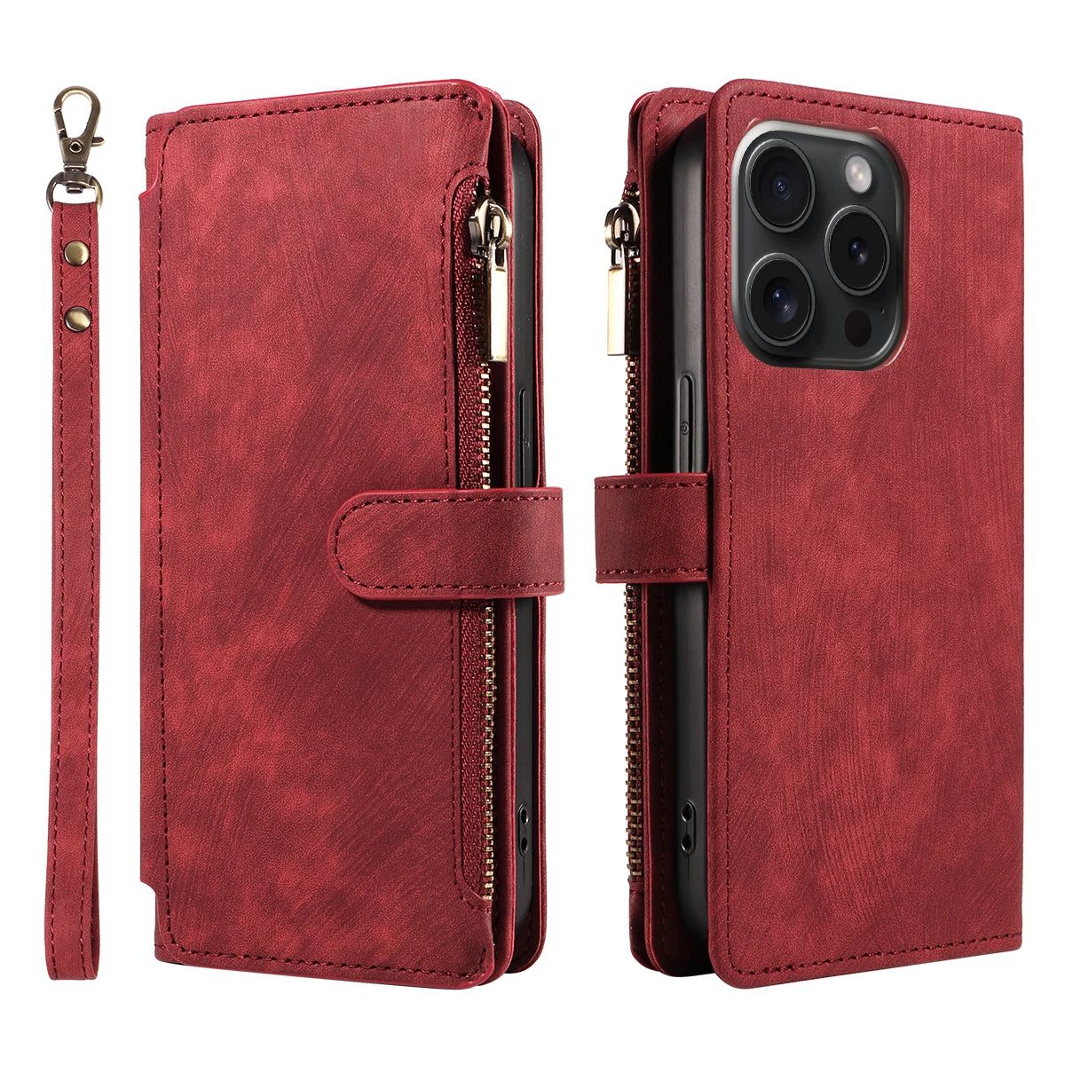 Zipper Leather Wallet Folio Case with Wrist Strap - Wine Red