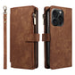 Zipper Leather Wallet Folio Case with Wrist Strap - Brown