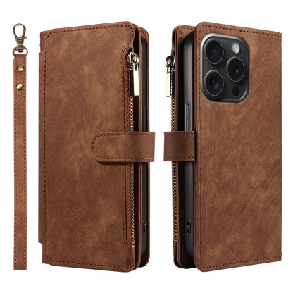 Zipper Leather Wallet Folio Case with Wrist Strap - Brown
