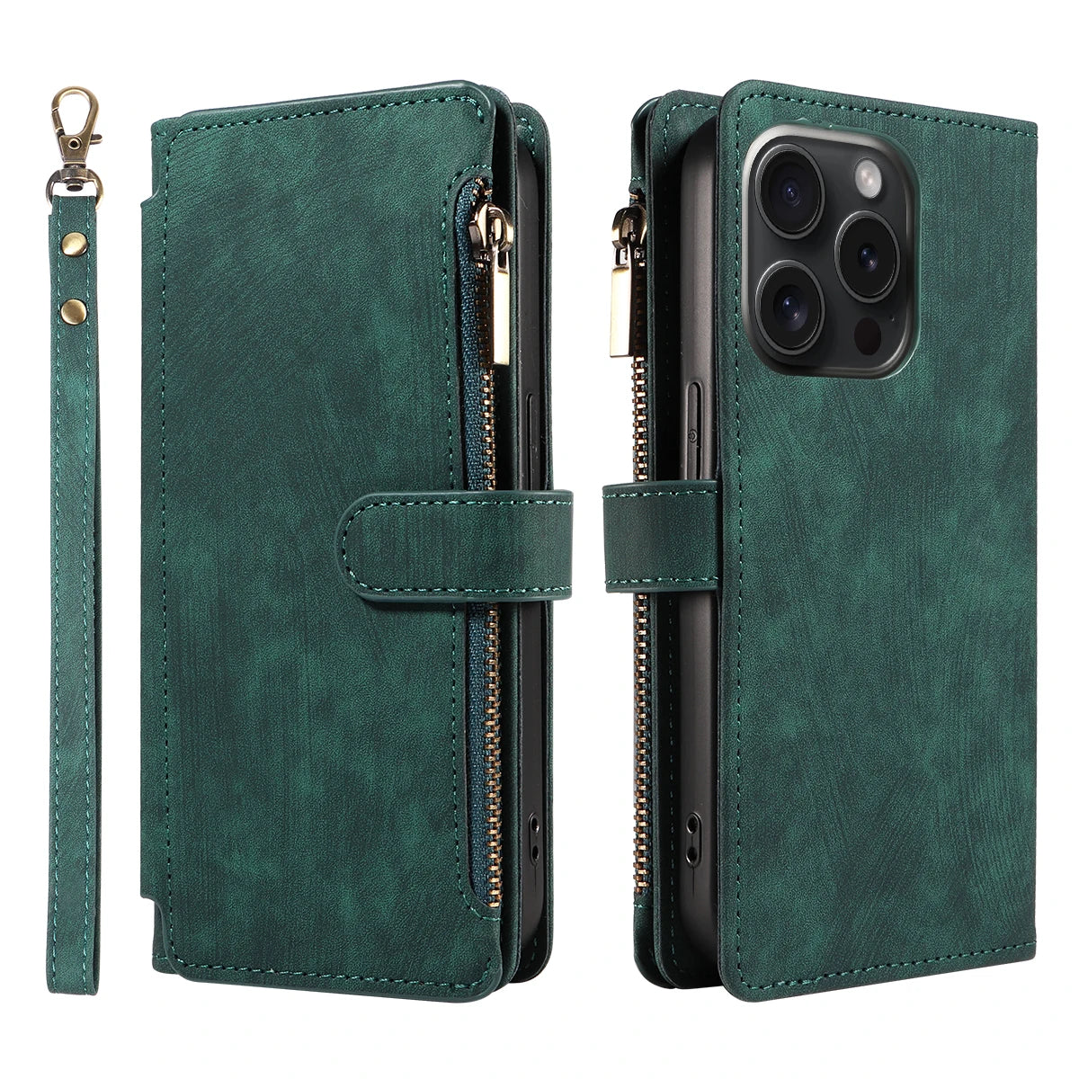 Zipper Leather Wallet Folio Case with Wrist Strap - Green