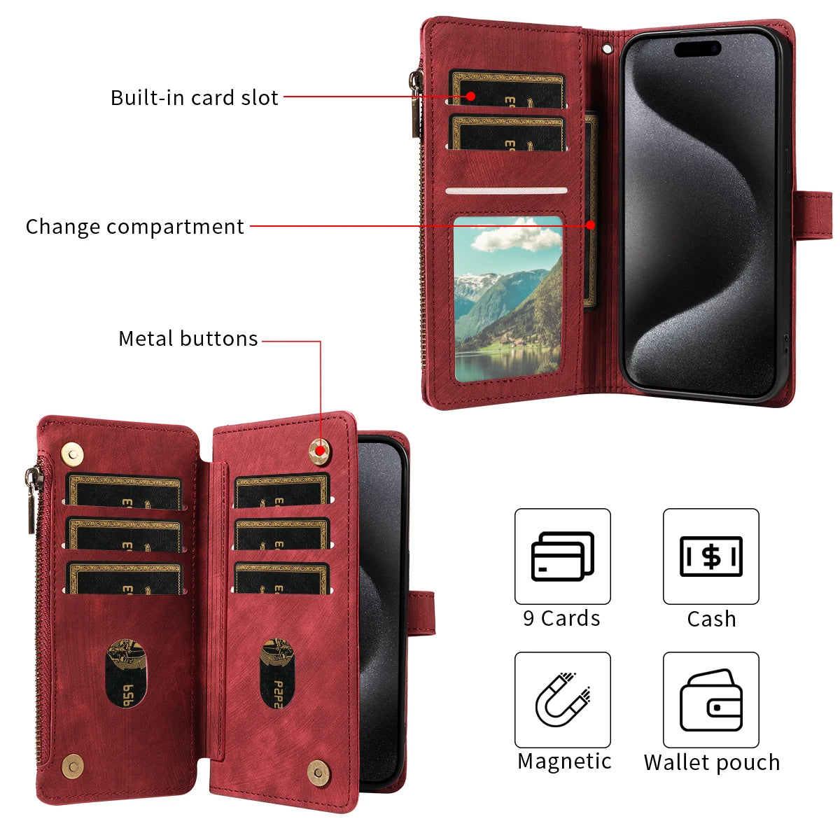 Zipper Leather Wallet Folio Case with Wrist Strap - view 5