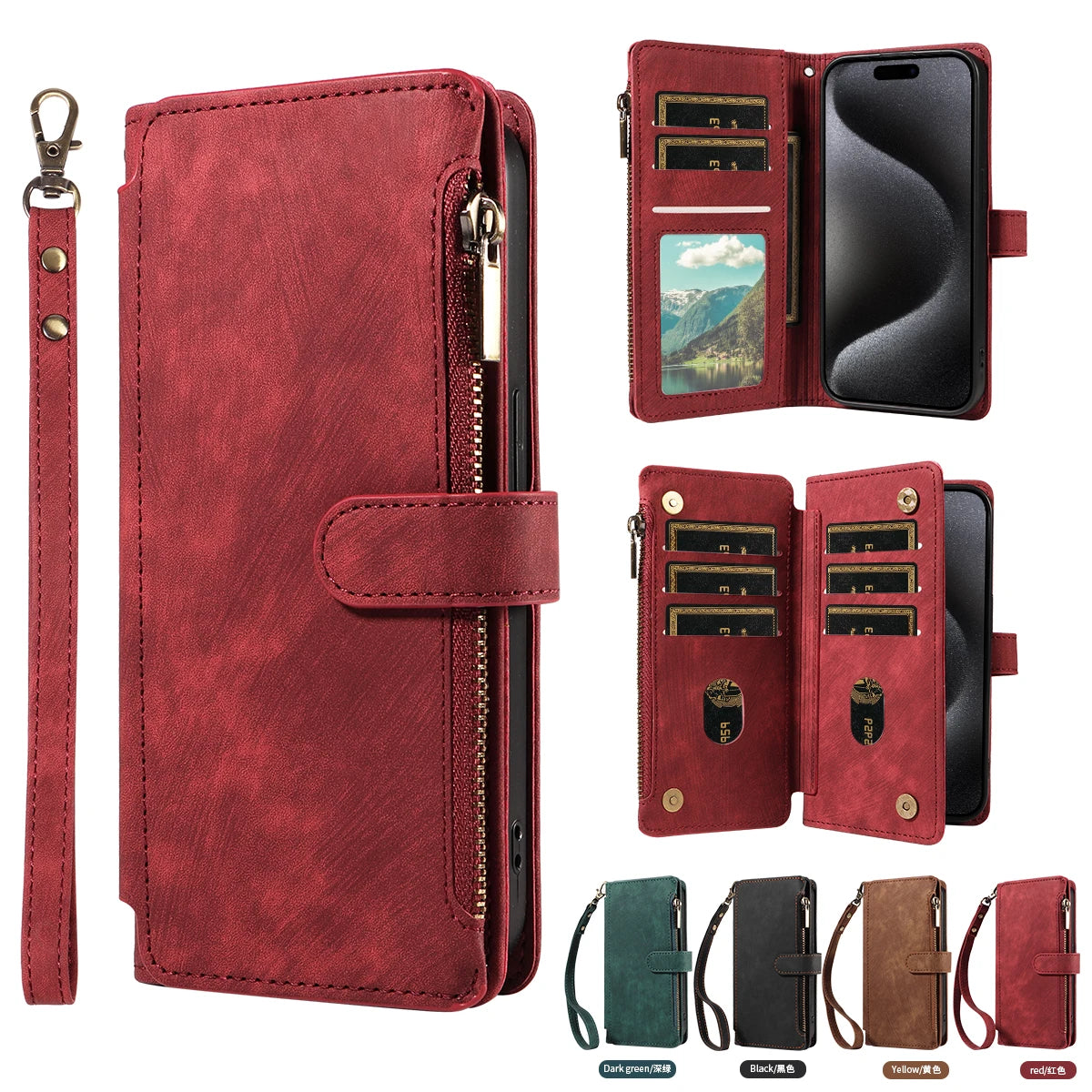 Zipper Leather Wallet Folio Case with Wrist Strap - view 1