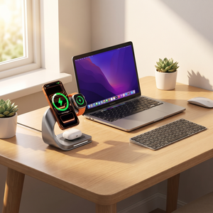 Metal Magnetic Wireless Charging Stand on a desk