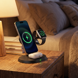 3-in-1 Magnetic Wireless Charging Stand on a bedside table
