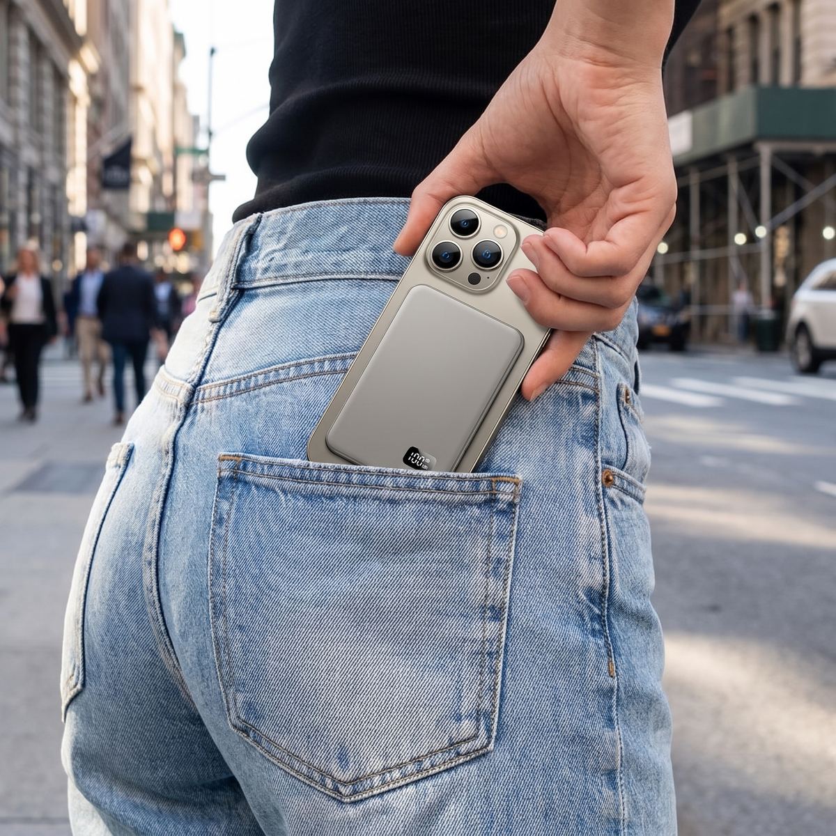 Ultra-Thin Magnetic Power Bank in use