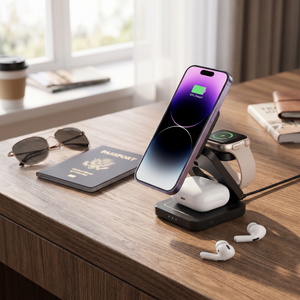 Foldable 3-in-1 Wireless Charging Station on a travel desk
