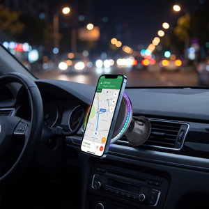 Magnetic RGB Car Wireless Charger holding a phone at night